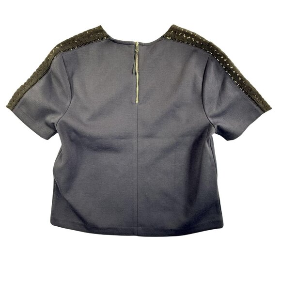 Ann Taylor Shirt Womens Medium Navy Black Lace Shoulder Short Sleeve Zip Back - Picture 2 of 11